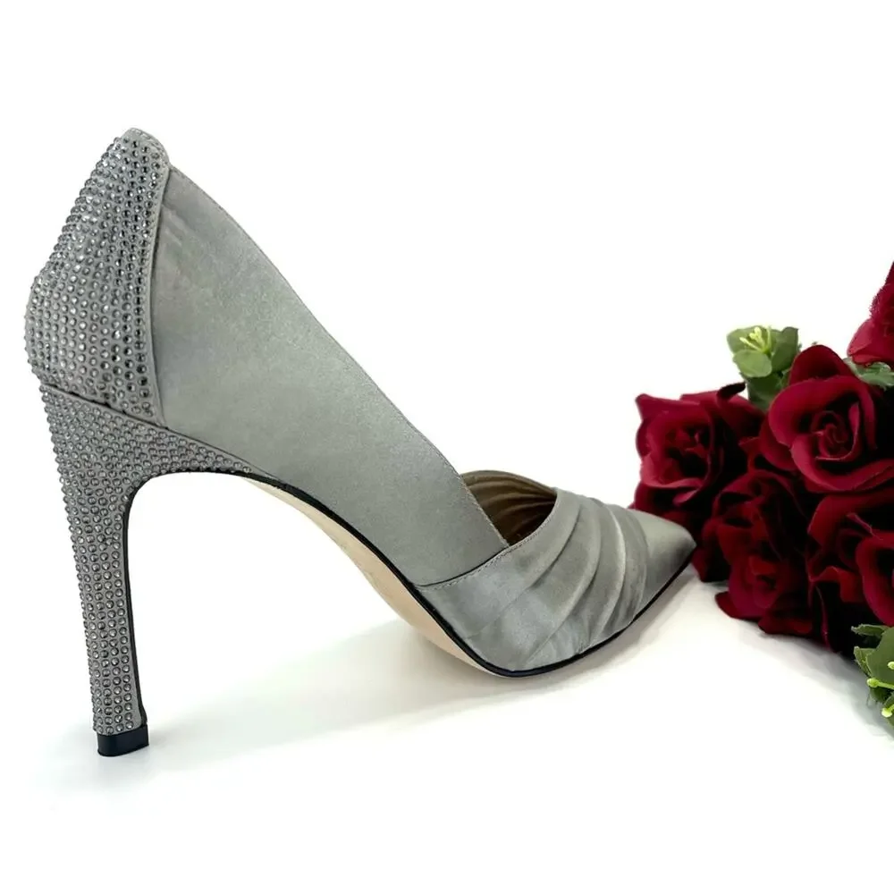 Pelle Moda Stiletto Pump Silver/Gray Satin Sparkly Rhinestone Along The Heel New